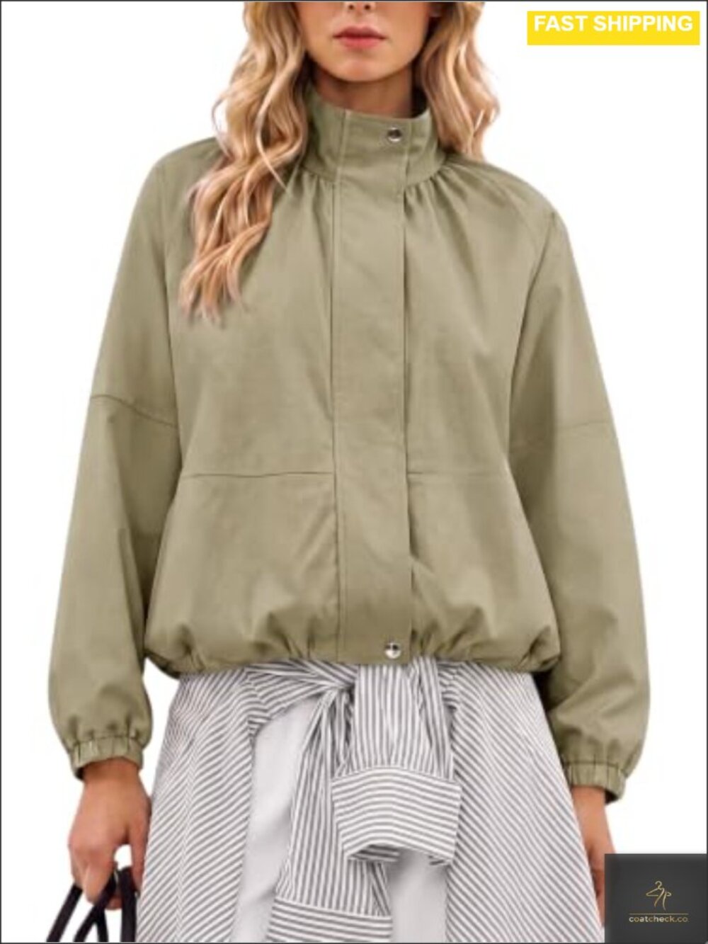 Cropped Bomber Jacket Zip Up Stand Collar Long Sleeve Casual